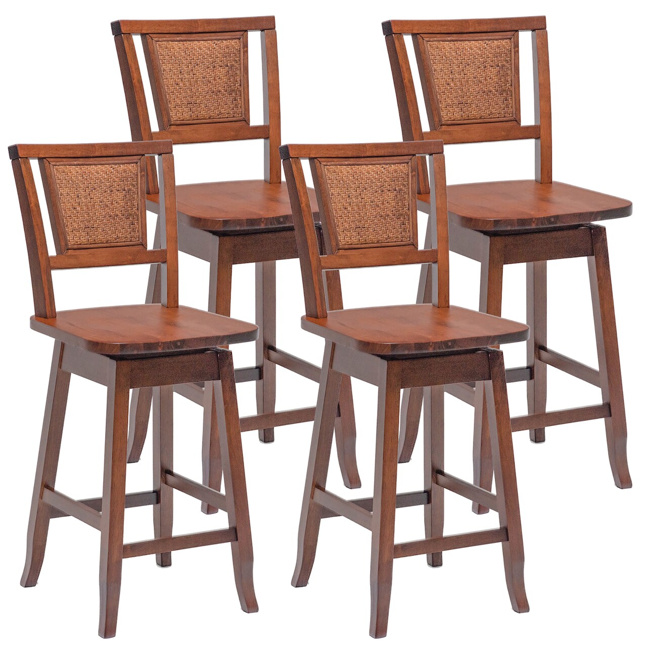 Costway Set of 2/4 Swivel Bar Stools Counter Height Rubber Wood Pub Chairs w/ Rattan Back